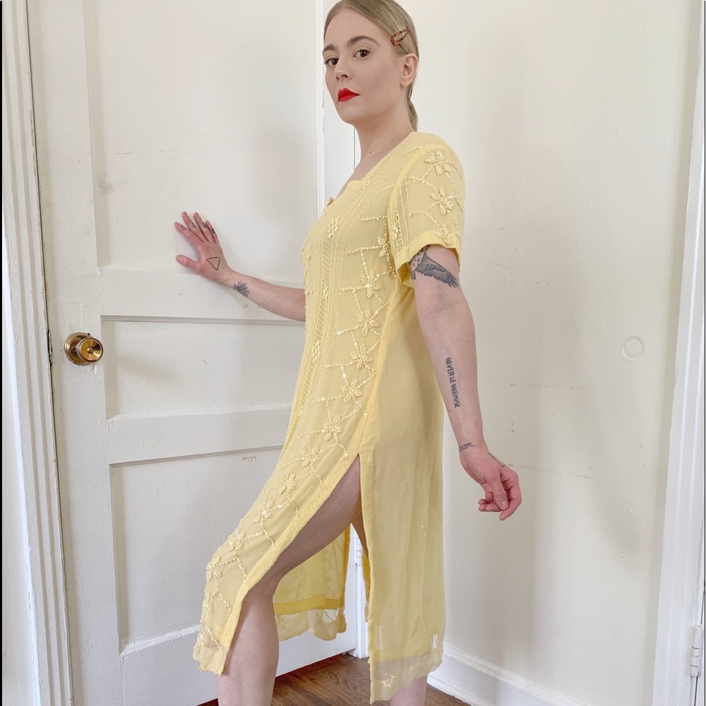 Vintage Pale Canary Yellow Slit Beaded Tunic Dress